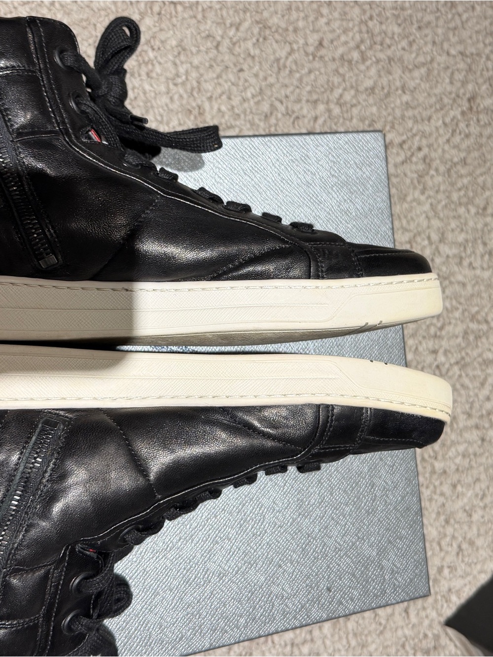 Prada Black Leather High-Top Sneakers with Red Logo Stripe - Picture 3 of 5